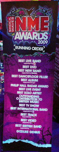 NME Awards - Running Order Sheet