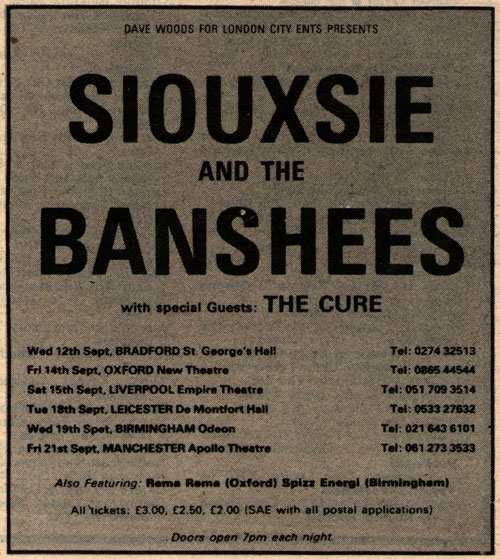 Siouxsie And The Banshees With Guest The Cure Tour - UK